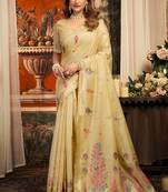 beige zari woven cotton blend traditional saree with blouse