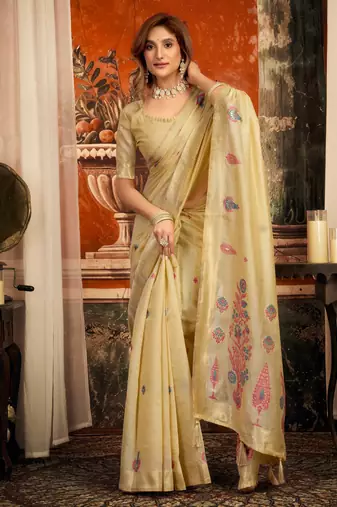 beige zari woven cotton blend traditional saree with blouse