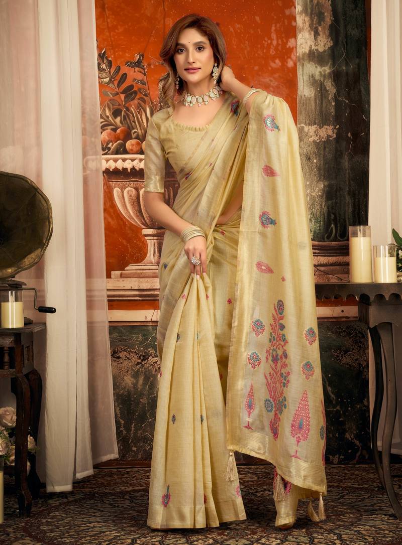 beige zari woven cotton blend traditional saree with blouse