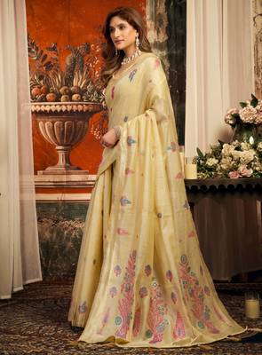 beige zari woven cotton blend traditional saree with blouse 3