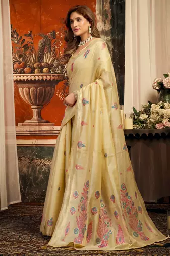 beige zari woven cotton blend traditional saree with blouse