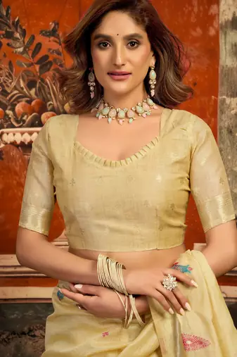 beige zari woven cotton blend traditional saree with blouse