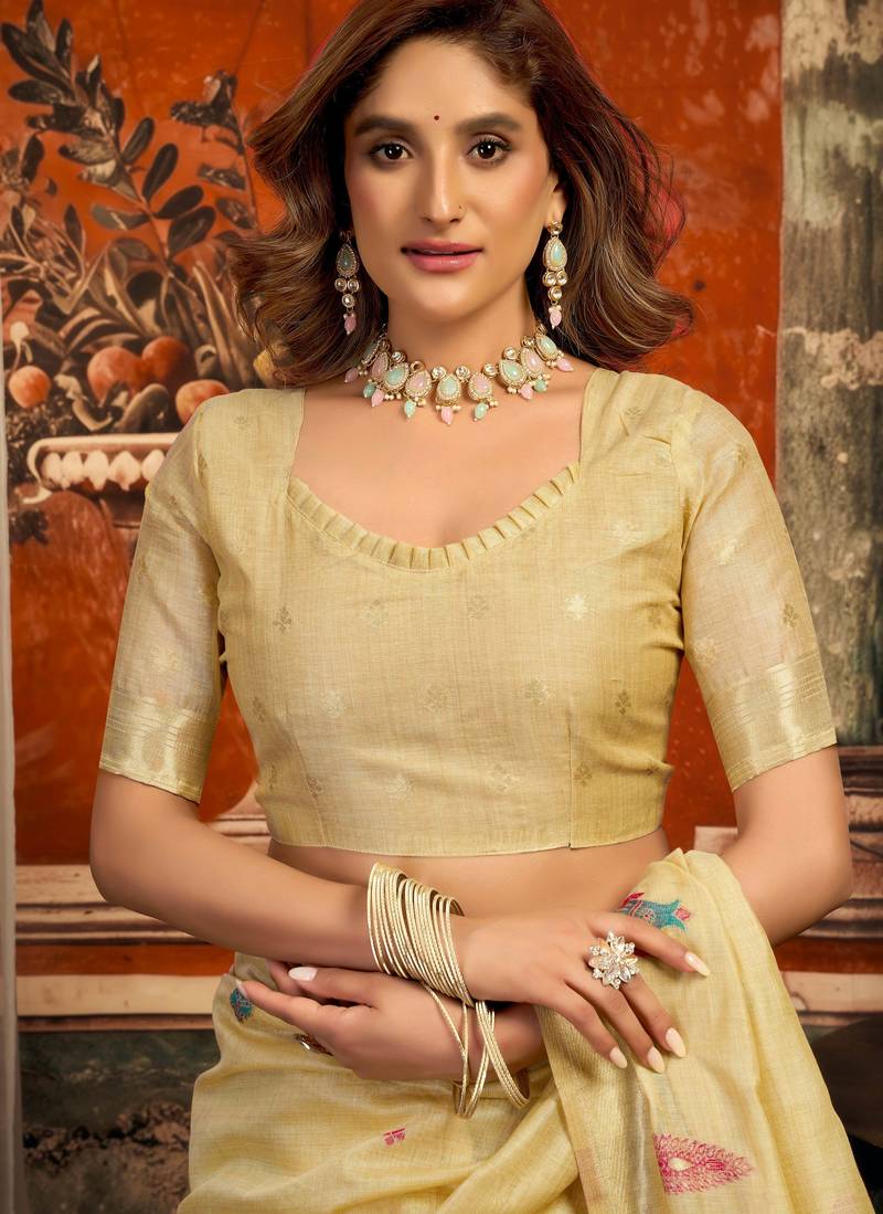 beige zari woven cotton blend traditional saree with blouse