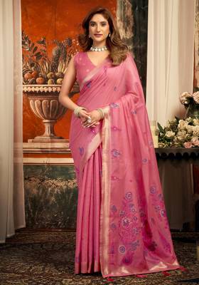 pink zari woven cotton blend traditional saree with blouse 1