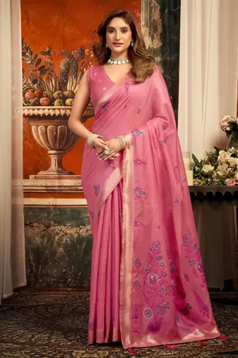 pink zari woven cotton blend traditional saree with blouse