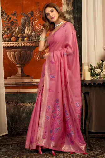 pink zari woven cotton blend traditional saree with blouse
