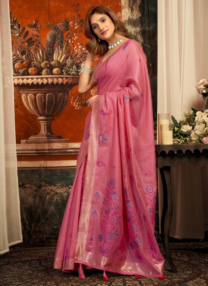 pink zari woven cotton blend traditional saree with blouse