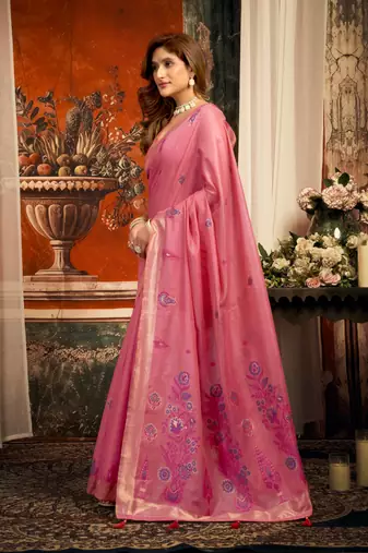pink zari woven cotton blend traditional saree with blouse