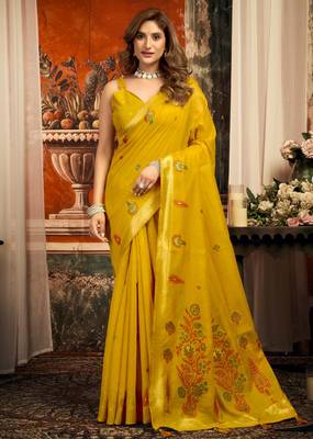 mustard zari woven cotton blend traditional saree with blouse 1