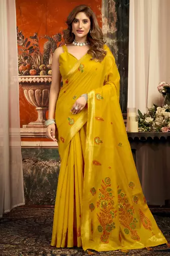 mustard zari woven cotton blend traditional saree with blouse