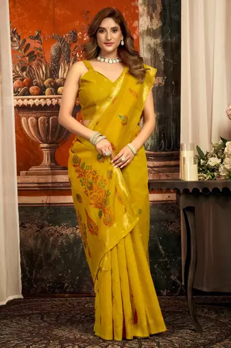 mustard zari woven cotton blend traditional saree with blouse