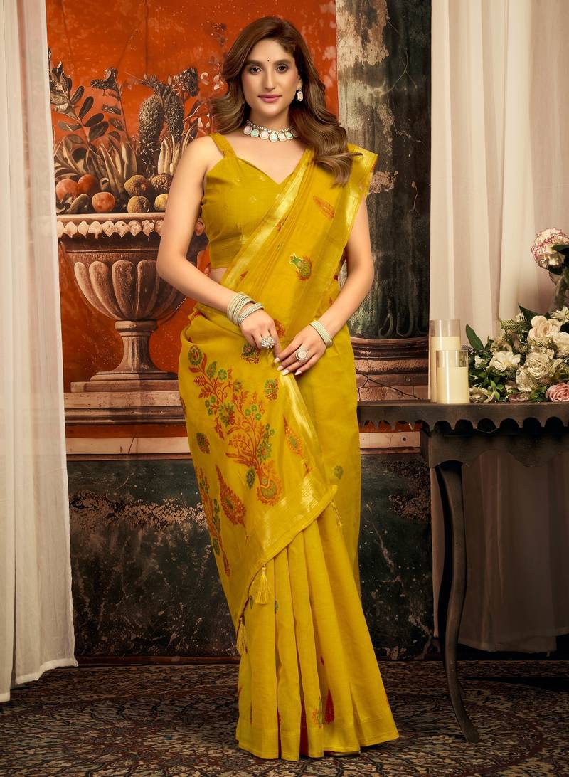 mustard zari woven cotton blend traditional saree with blouse