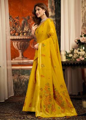 mustard zari woven cotton blend traditional saree with blouse 3