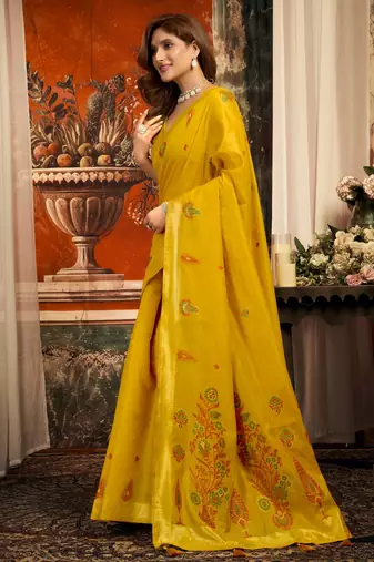 mustard zari woven cotton blend traditional saree with blouse