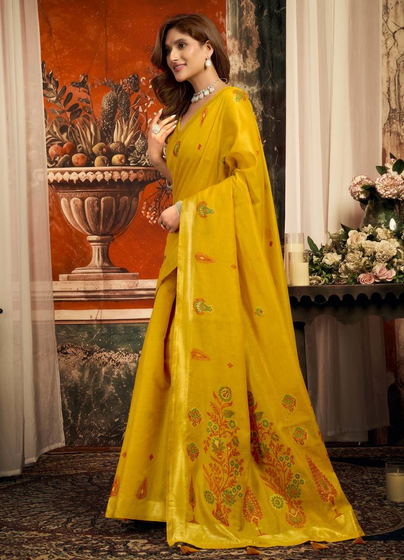 mustard zari woven cotton blend traditional saree with blouse