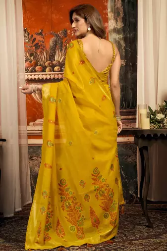 mustard zari woven cotton blend traditional saree with blouse