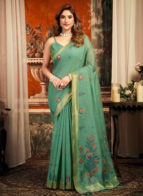 teal zari woven cotton blend traditional saree with blouse 1