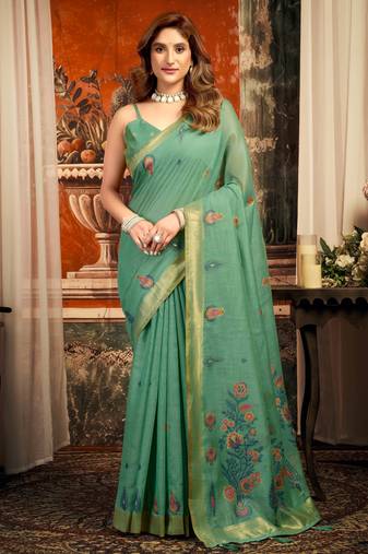 teal zari woven cotton blend traditional saree with blouse