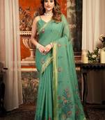 teal zari woven cotton blend traditional saree with blouse