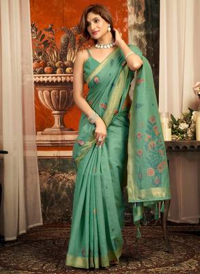 teal zari woven cotton blend traditional saree with blouse 2