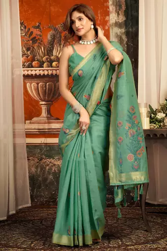 teal zari woven cotton blend traditional saree with blouse