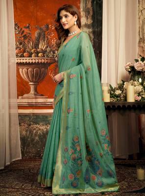 teal zari woven cotton blend traditional saree with blouse 3