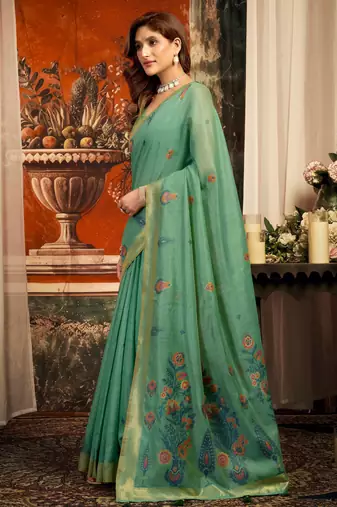 teal zari woven cotton blend traditional saree with blouse