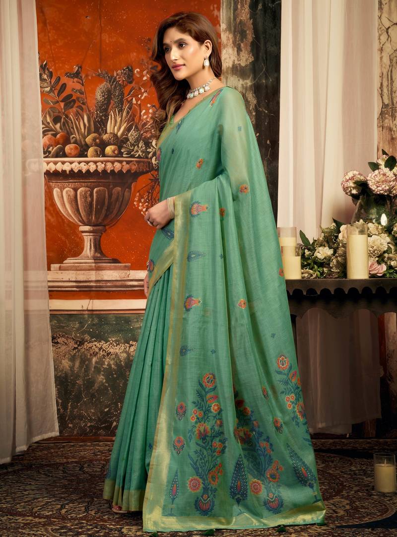 teal zari woven cotton blend traditional saree with blouse