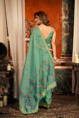 teal zari woven cotton blend traditional saree with blouse 5