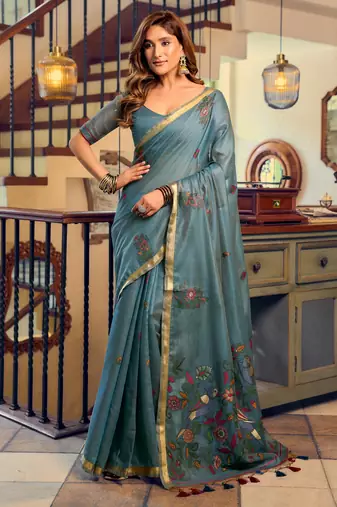 teal litchi work kolkata cotton blend traditional saree with blouse