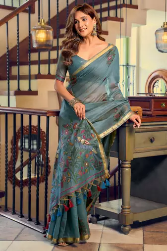teal litchi work kolkata cotton blend traditional saree with blouse
