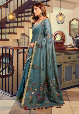 teal litchi work kolkata cotton blend traditional saree with blouse 3