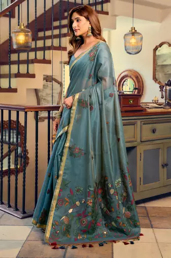 teal litchi work kolkata cotton blend traditional saree with blouse