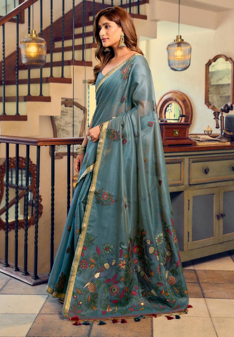 teal litchi work kolkata cotton blend traditional saree with blouse