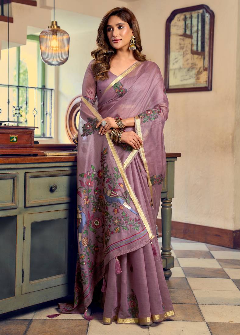 purple litchi work kolkata cotton blend traditional saree with blouse