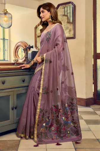 purple litchi work kolkata cotton blend traditional saree with blouse