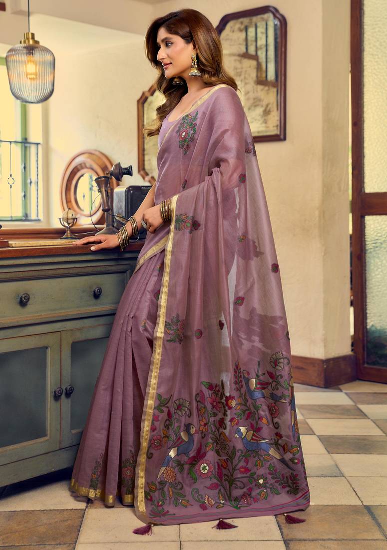 purple litchi work kolkata cotton blend traditional saree with blouse