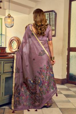 purple litchi work kolkata cotton blend traditional saree with blouse 5
