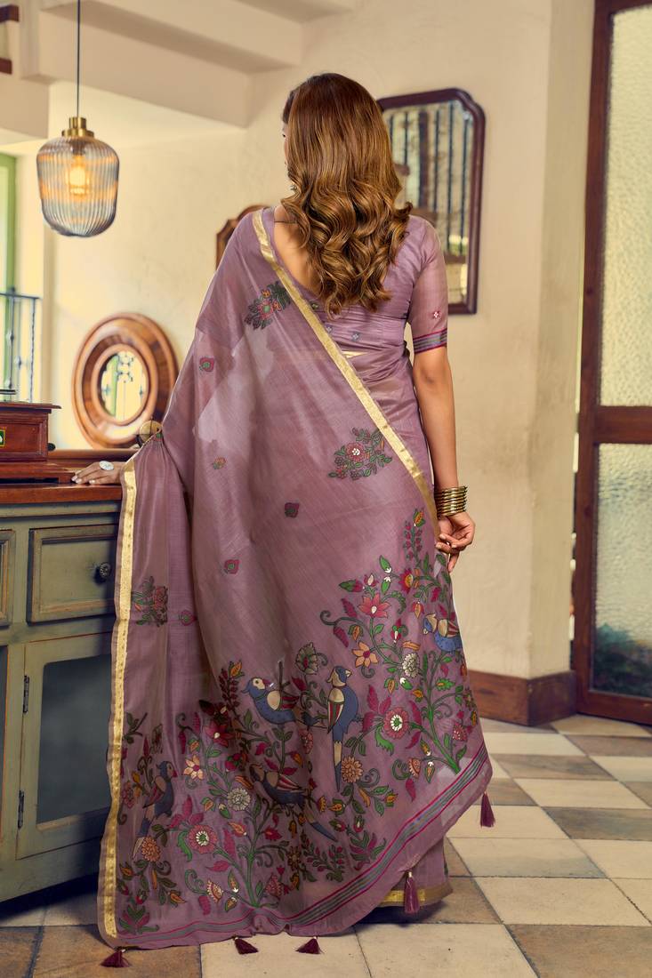 purple litchi work kolkata cotton blend traditional saree with blouse