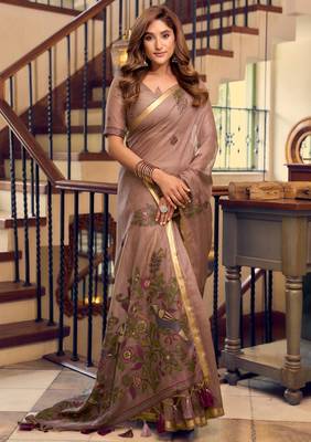 coffee litchi work kolkata cotton blend traditional saree with blouse 2