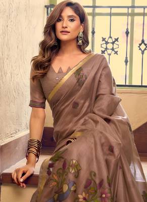 coffee litchi work kolkata cotton blend traditional saree with blouse 3