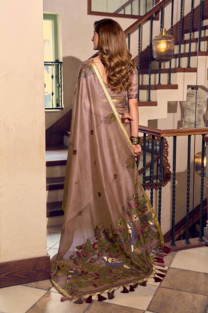 coffee litchi work kolkata cotton blend traditional saree with blouse