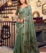 teal green litchi work kolkata cotton blend traditional saree with blouse