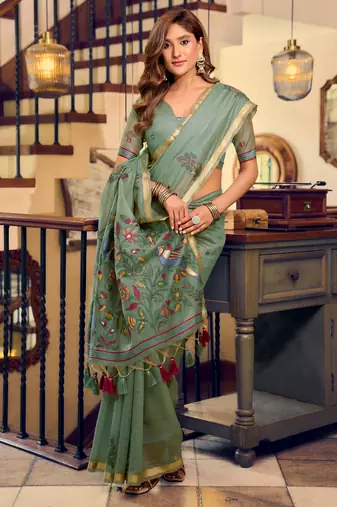 teal green litchi work kolkata cotton blend traditional saree with blouse
