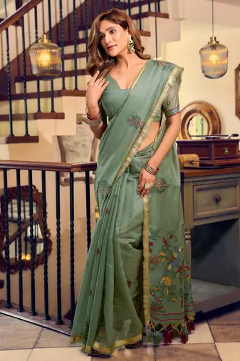 teal green litchi work kolkata cotton blend traditional saree with blouse
