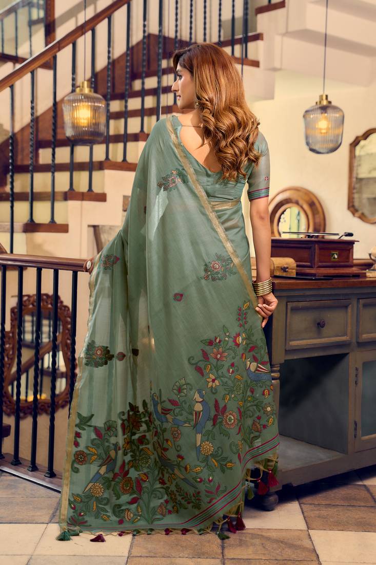 teal green litchi work kolkata cotton blend traditional saree with blouse