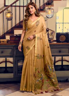 mustard litchi work kolkata cotton blend traditional saree with blouse 1