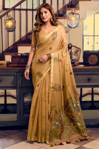 mustard litchi work kolkata cotton blend traditional saree with blouse