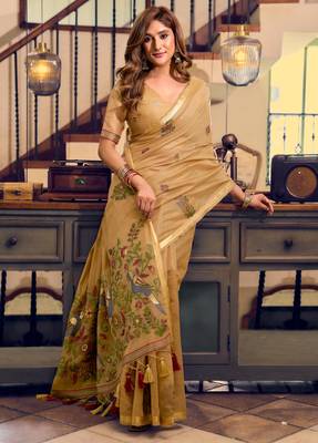 mustard litchi work kolkata cotton blend traditional saree with blouse 2
