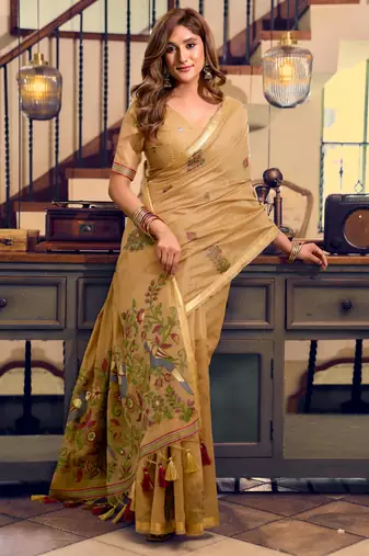 mustard litchi work kolkata cotton blend traditional saree with blouse